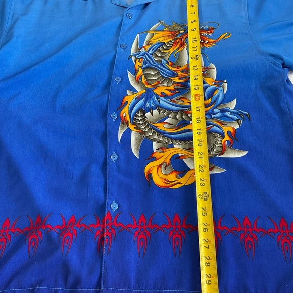 WINGO Shirt Mens Size XL Blue FIRE DRAGON Print Y2K SKATE Hawaiian VINTAGE - Picture 9 of 9